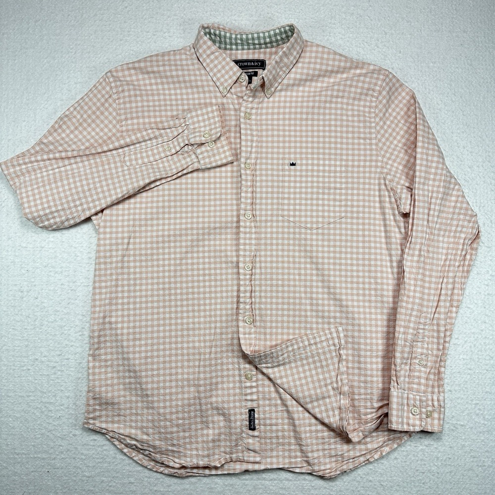 Crown & Ivy Mens Large Peach Gingham Button Down LS Shirt Classic Fit Cotton - Picture 2 of 8